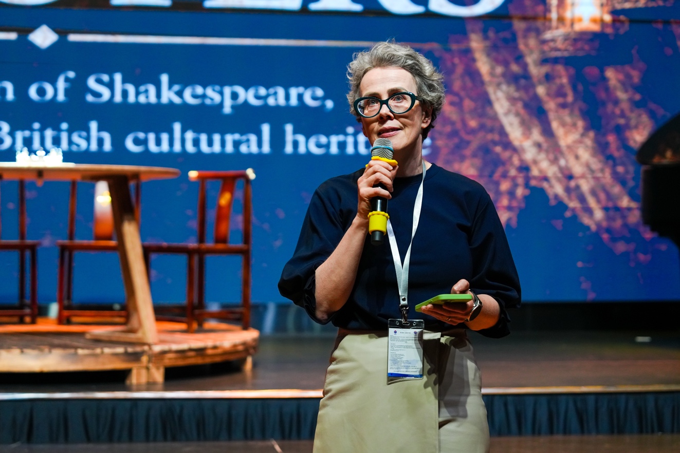 Ms. McCafferty delivering the opening remarks for the Shakespeare Showcase
