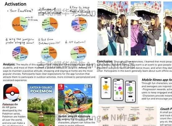 作品中的市场调研信息与英文书写页面,体现以用户为中心的分析过程